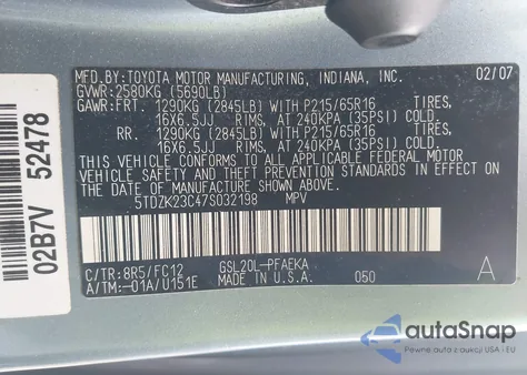 2007 Toyota Sienna Le z USA, uszkodzony, nr VIN 5TDZK23C47S032198